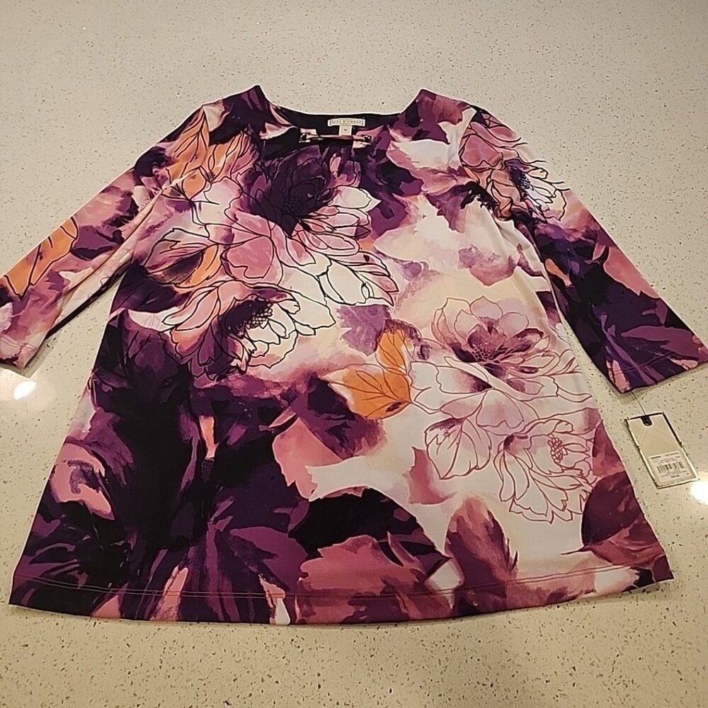NWT Dana Buchman Pink Purple Floral Knit Tunic Top Stretch M 3/4 Sleeves